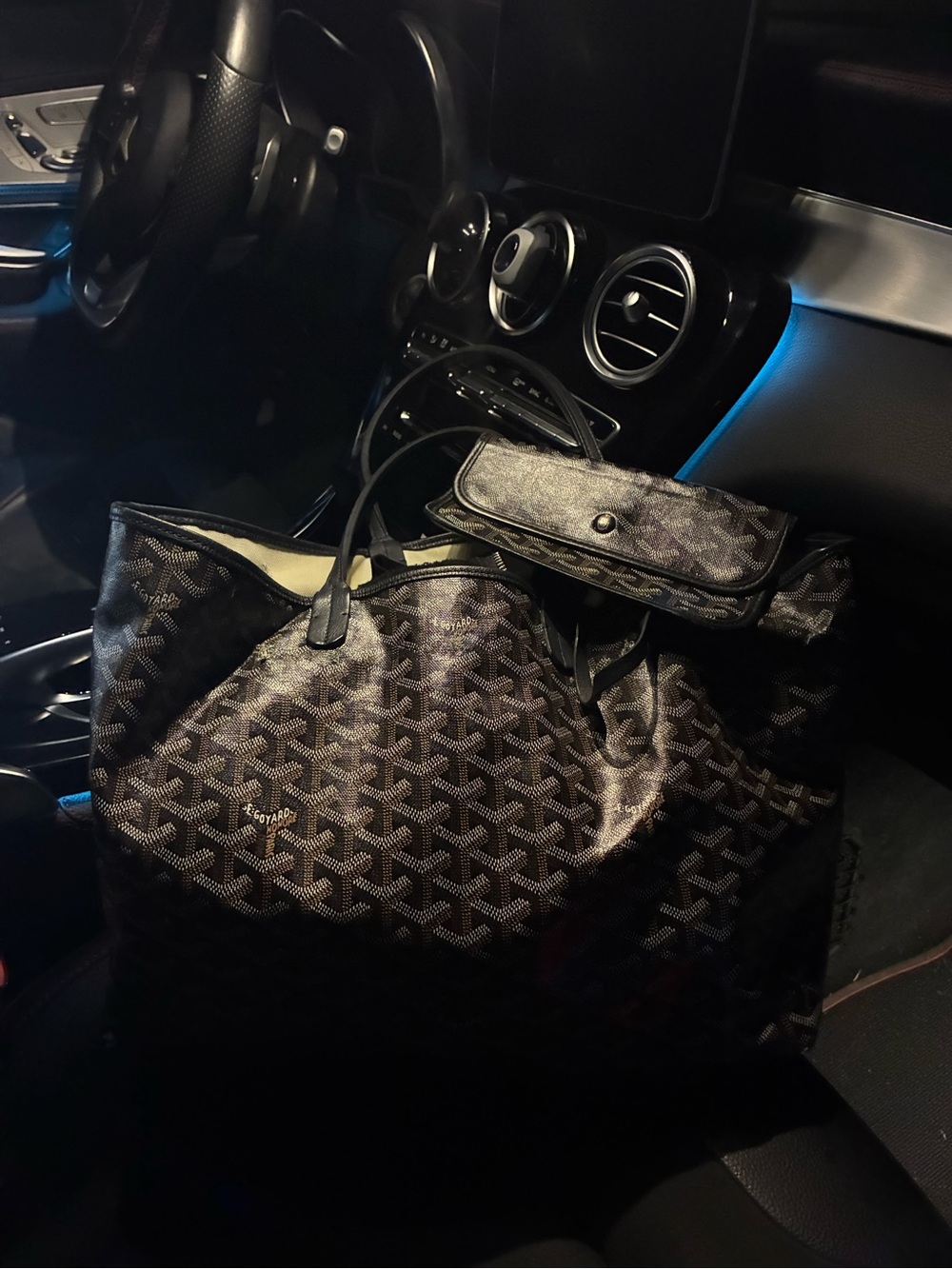 Authentic Black Chevron Goyard St Louis Tote with Matching Pouch
